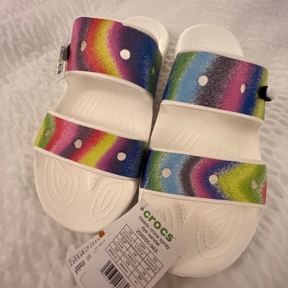 Unisex tie dye crocs new men’s 10 women’s 12 rainbow white slides sandals - Picture 4 of 7